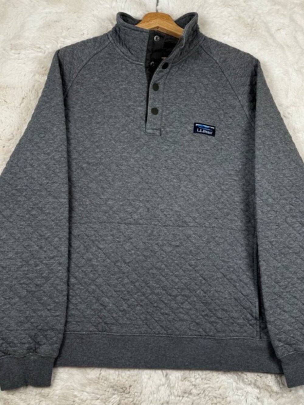 L.L. Bean Sweatshirt Men's Large Gray Quilted 1/4 Snap Crew Neck Traditional Fit